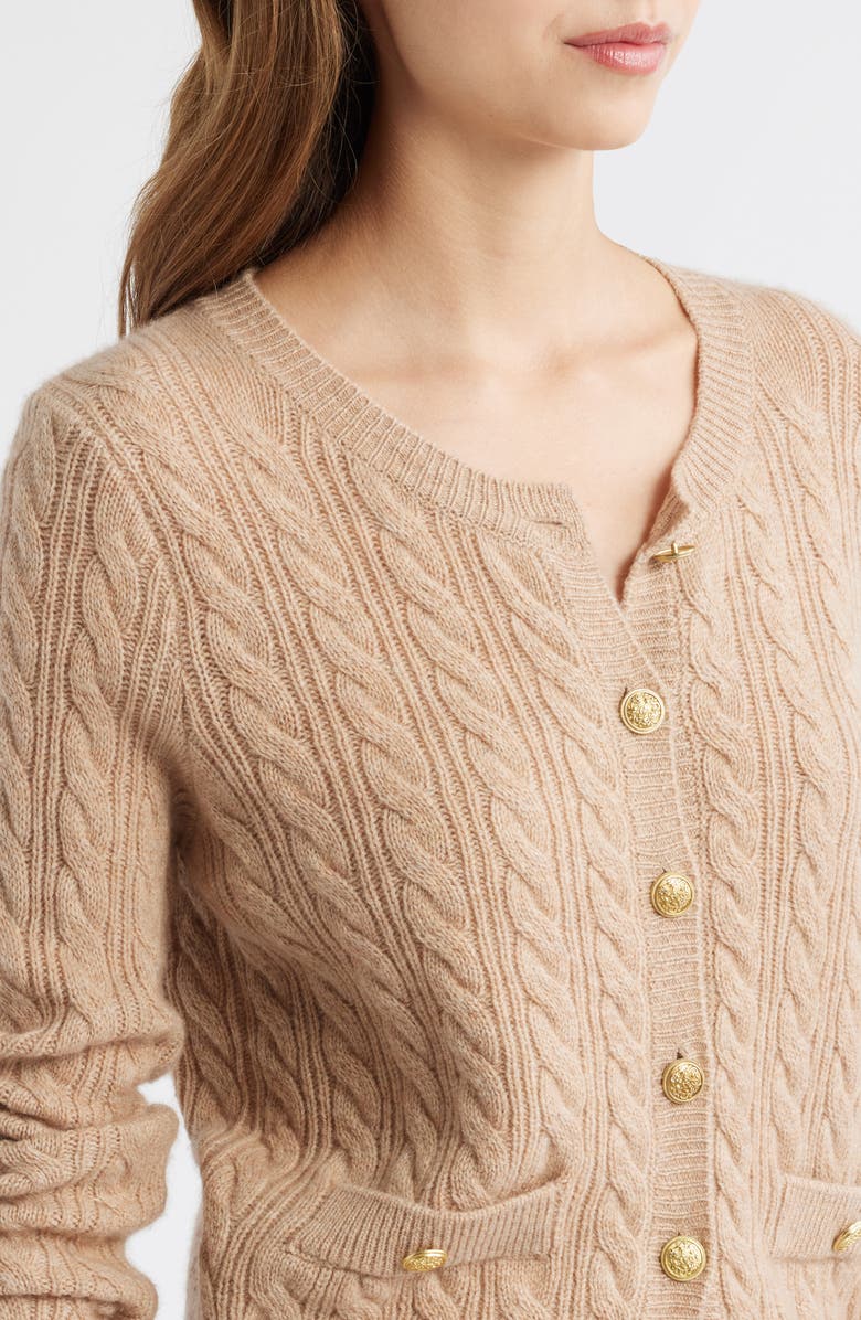 LoveShackFancy Eugenie Cable Knit Cashmere & Wool Cardigan, Alternate, color, Camel Melange