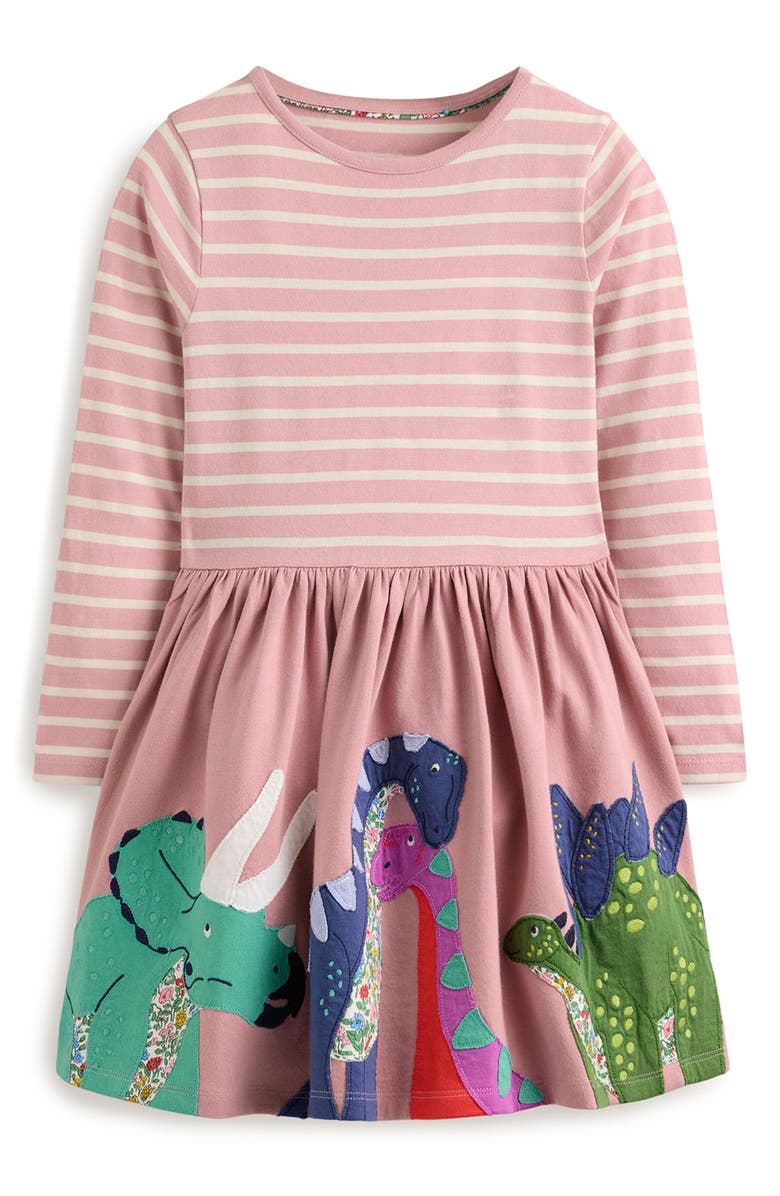 Mini Boden Kids' Dino Appliqué Stripe Long Sleeve Cotton Dress, Main, color,