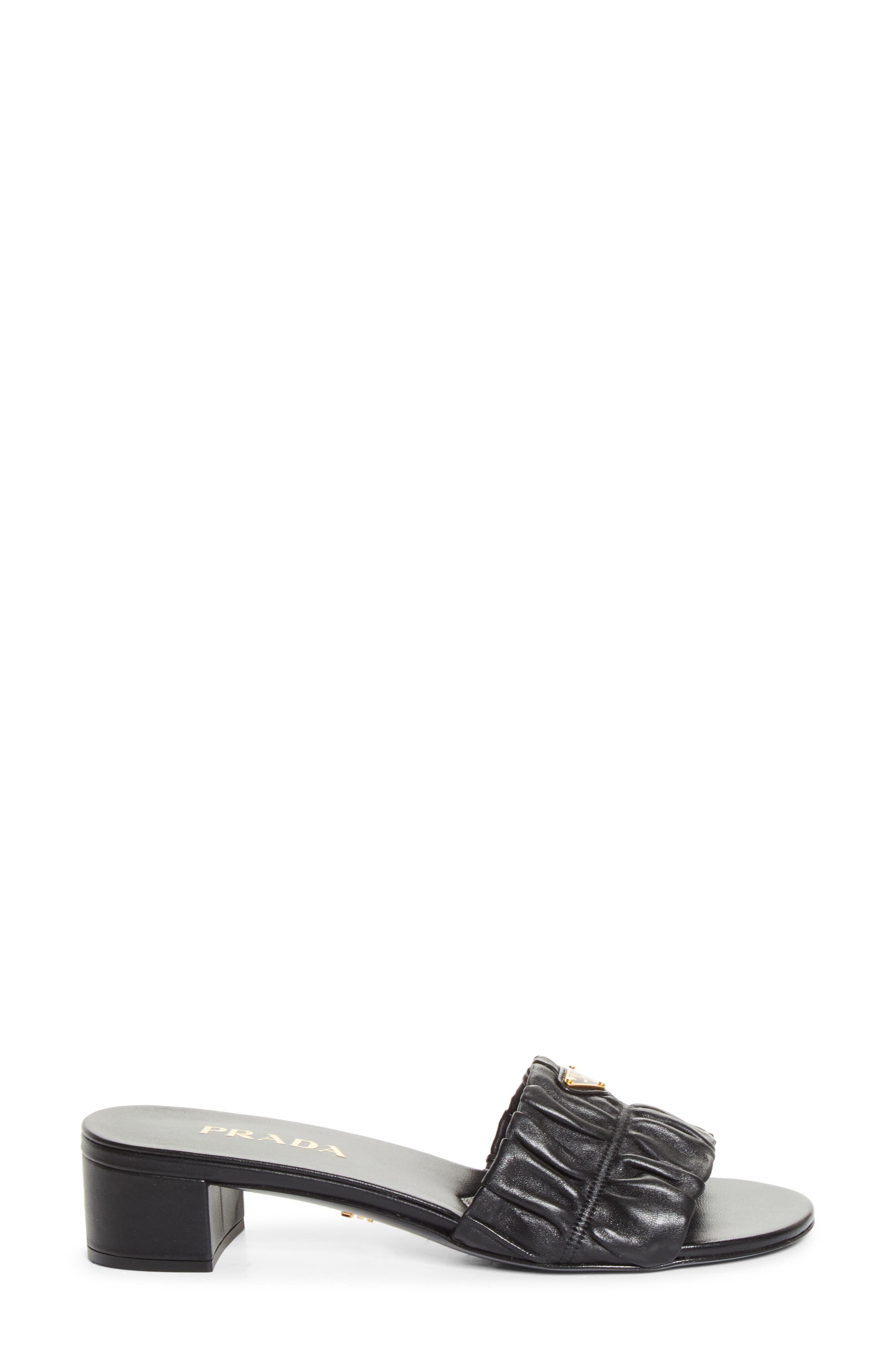 Prada Ruched Logo Sandal, Alternate, color, Nero