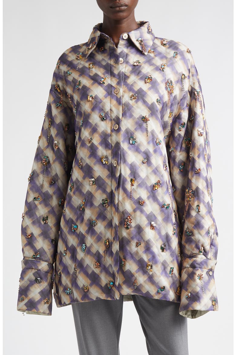 Cartan Crystal Embellished Oversize Button-Up Shirt, Main, color, PURPLE