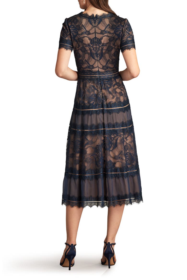 Lace & Mesh Midi Cocktail Dress, Alternate, color, NAVY/ NUDE