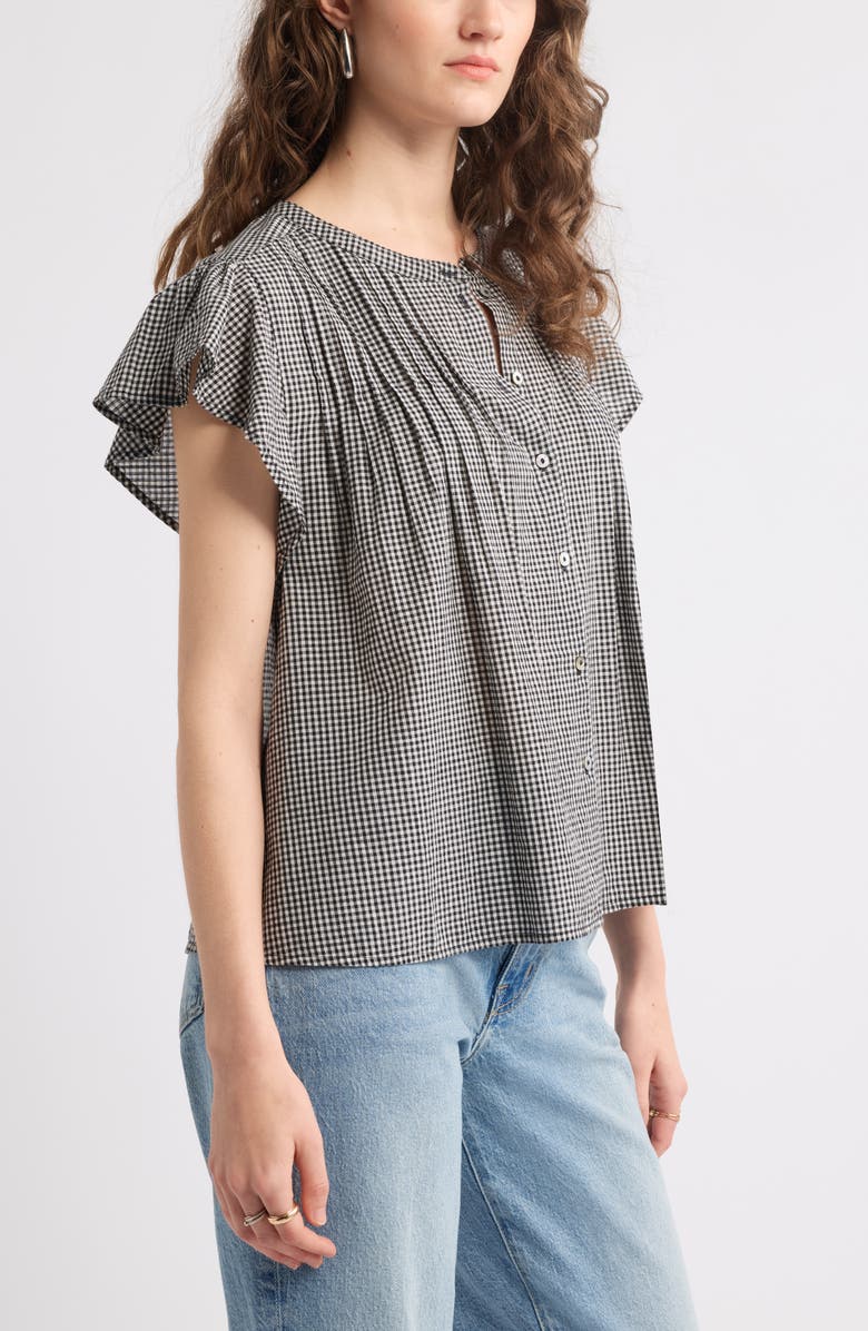 Treasure & Bond Gingham Flutter Sleeve Button-Up Top, Alternate, color, Black- Ivory Gingham