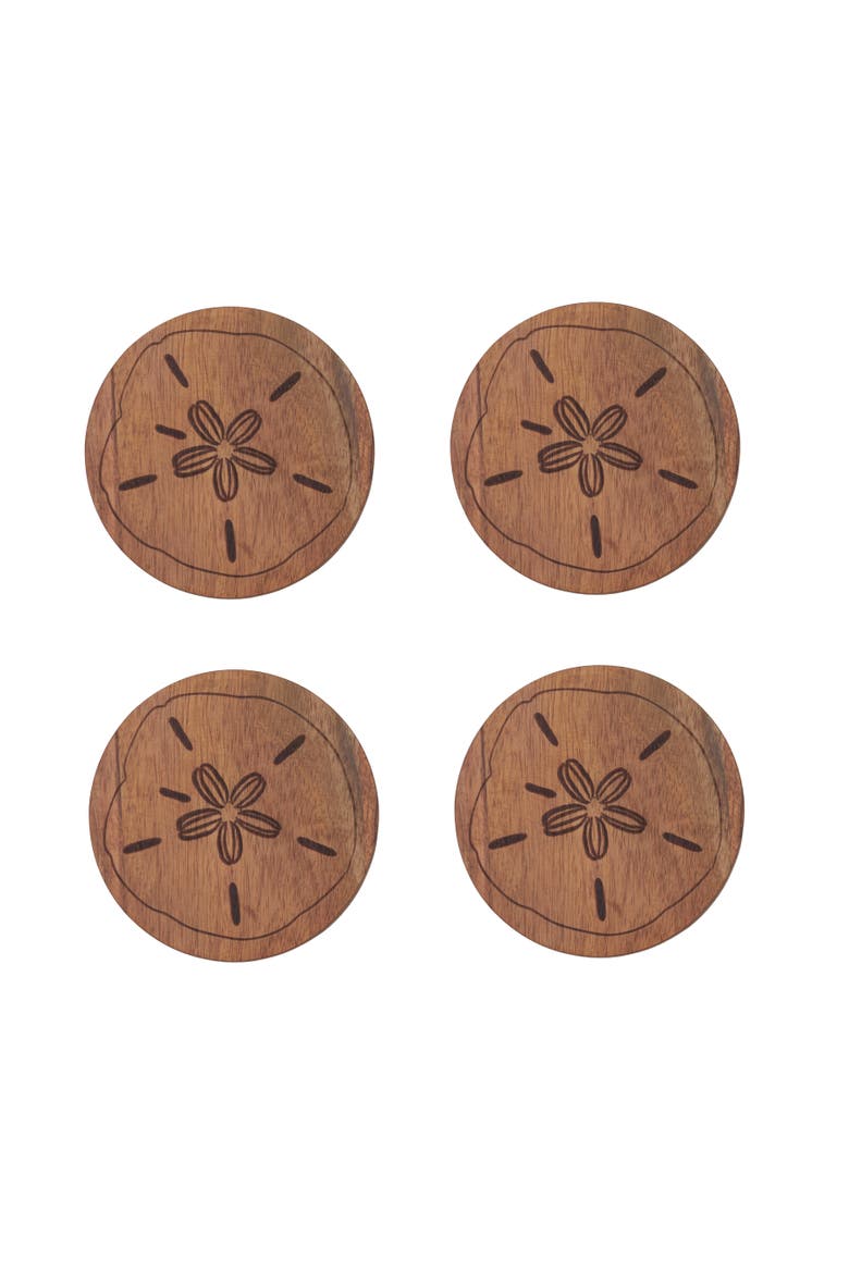 Sand Dollar Wood Coasters Set of 4, Main, color, Brown