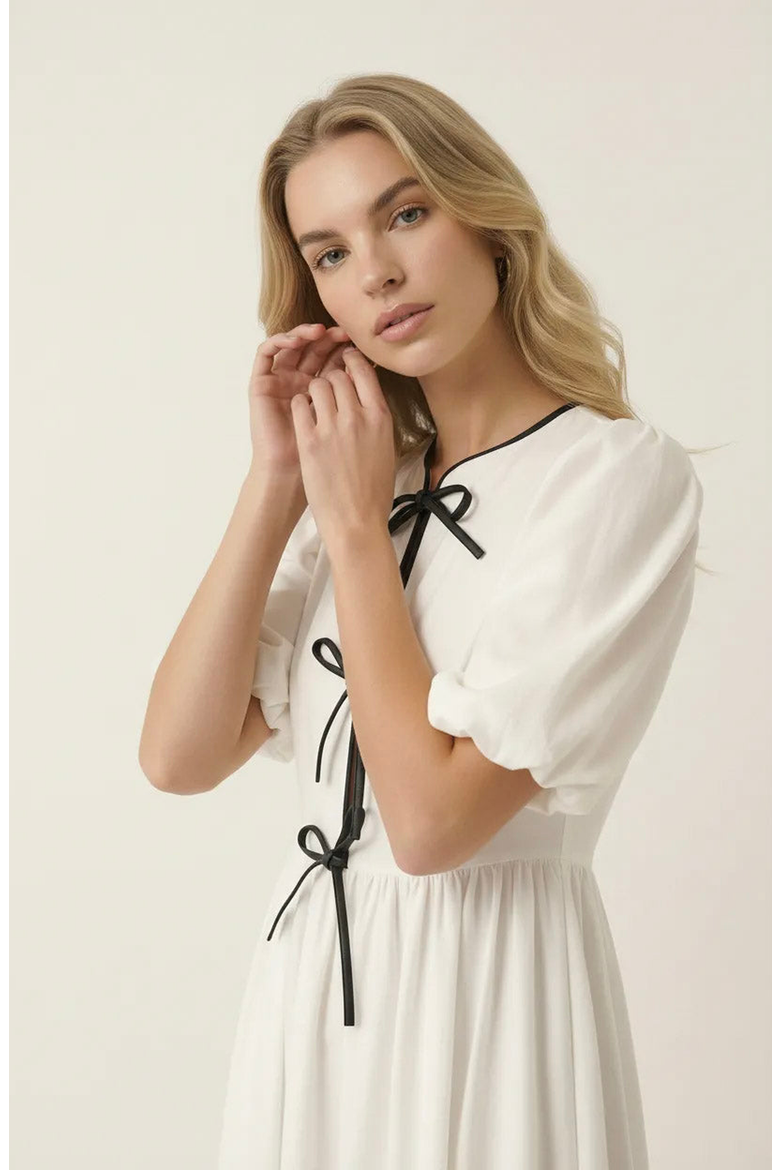 Puff Sleeve Midi Dress with Tiered Front Ties and Contrast Trim, Alternate, color, White / Black Trim
