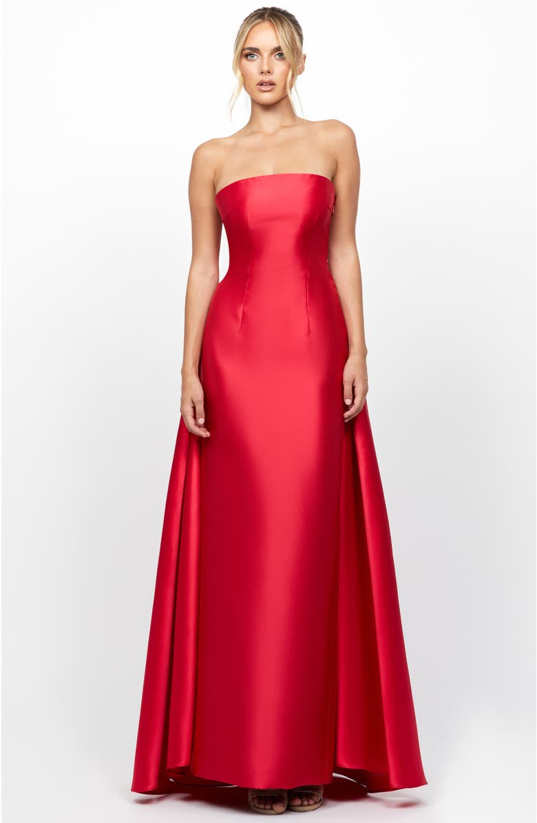 Bariano Grayce Strapless Satin Gown, Main, color, Crimson