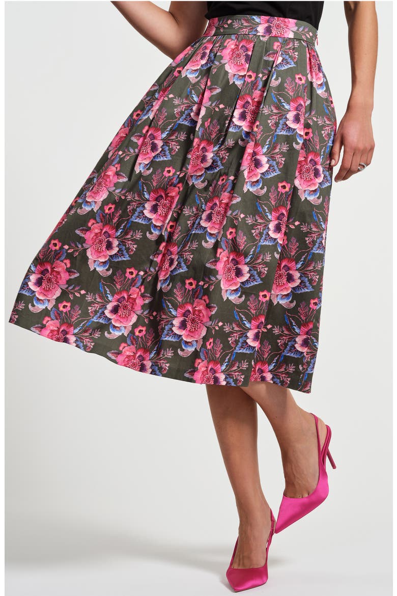 Stretch Cotton Sateen Midi Skirt, Alternate, color, TROMPE LOEIL FLORAL