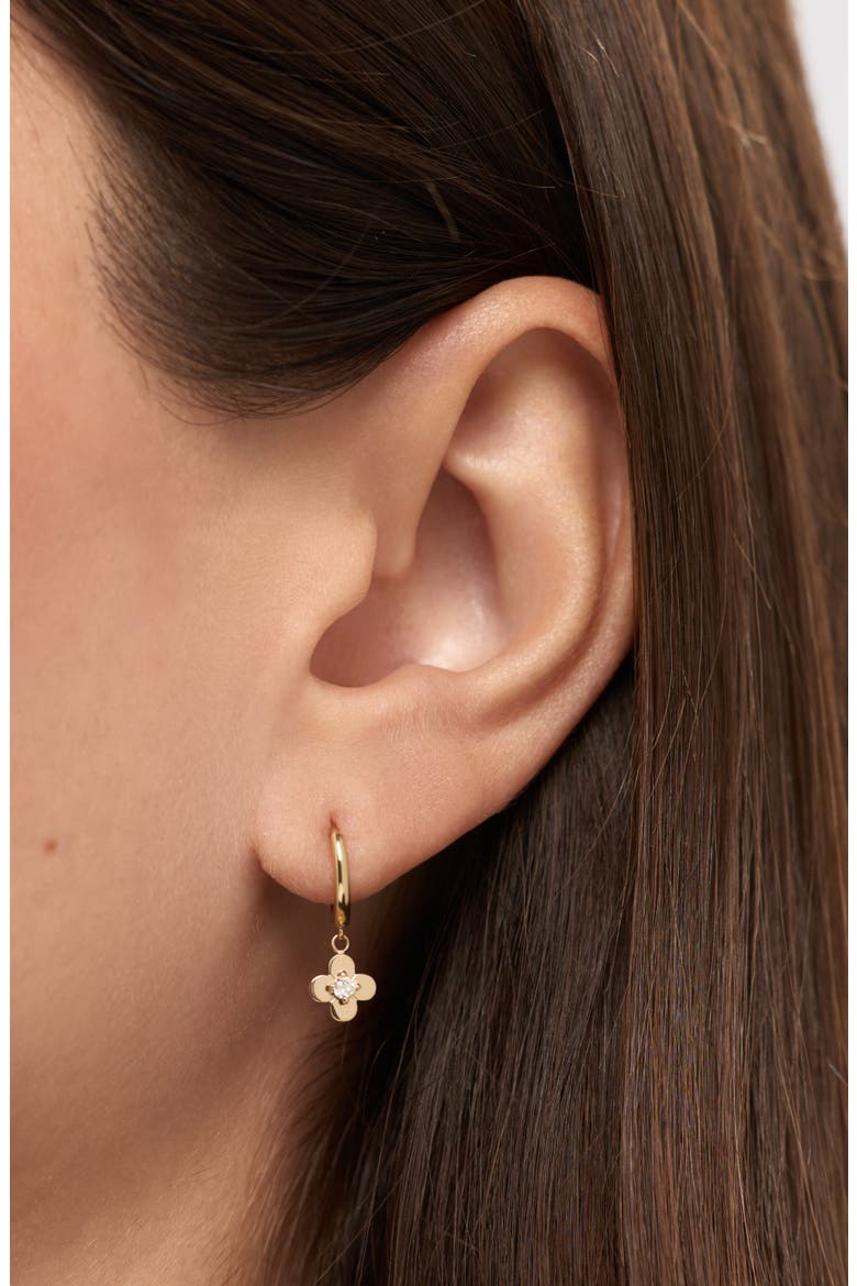 Solid Yellow Gold - Mini Flower Drop Earrings, Alternate, color, Diamond