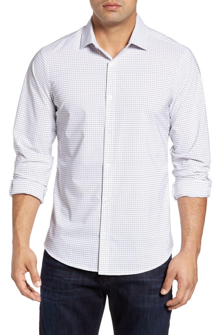 Kennedy Trim Fit Windowpane Shirt, Main, color, WHITE