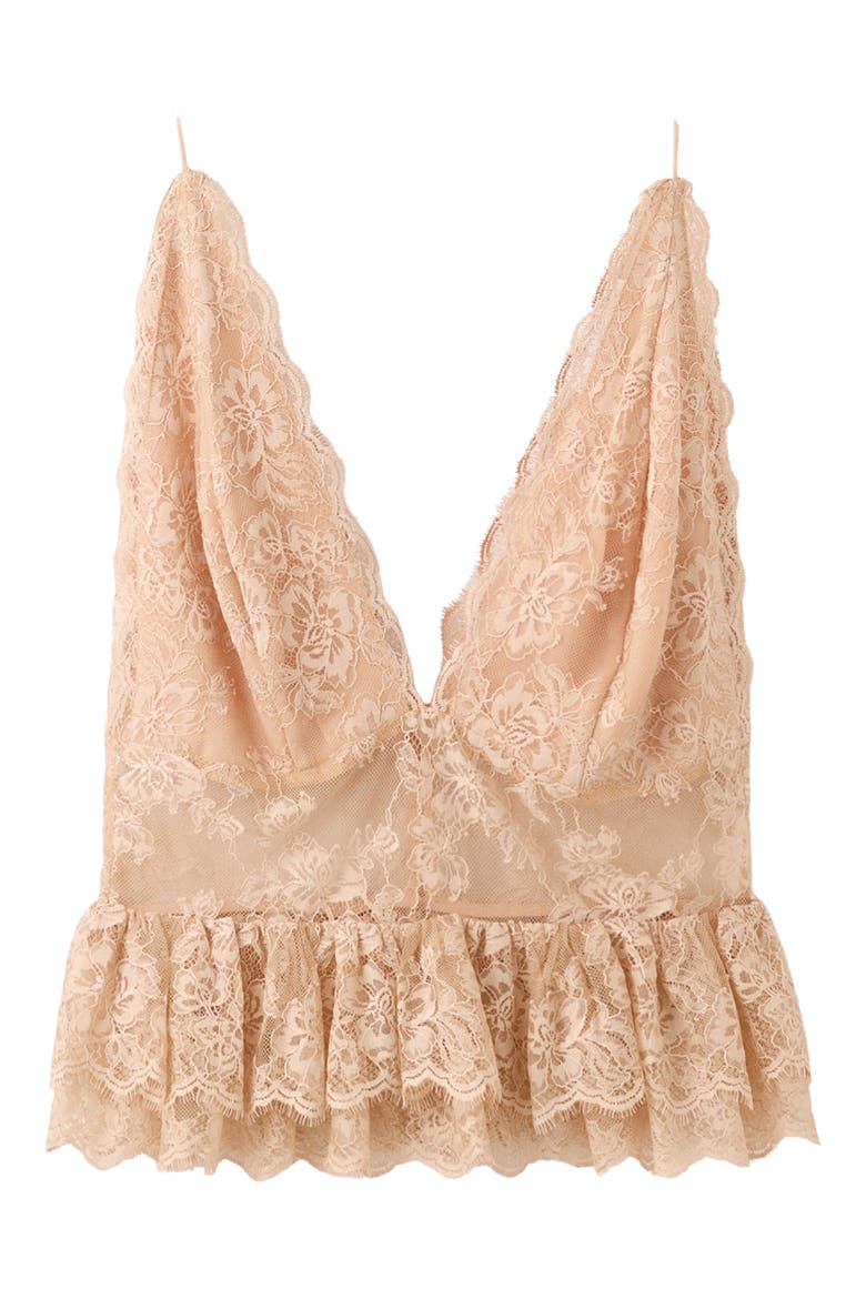 Amor Plunge Neck Ruffle Trim Lace Top, Alternate, color, LIGHT BEIGE