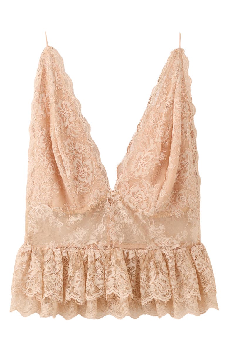 MANGO Amor Plunge Neck Ruffle Trim Lace Top, Alternate, color, Light Beige