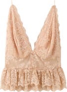 MANGO Amor Plunge Neck Ruffle Trim Lace Top