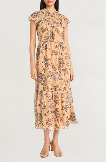 The Good Journey Smocked Flutter Sleeve Midi Dress In Pink