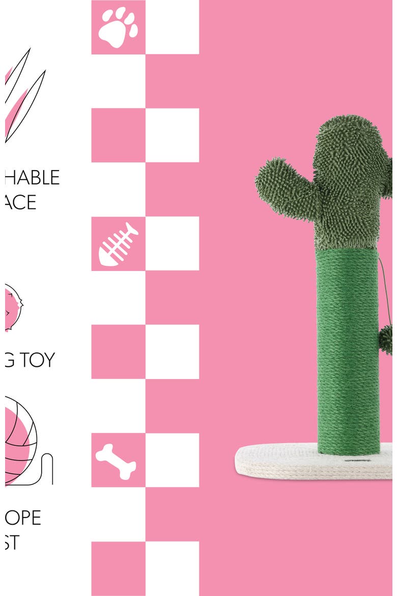 Pecos 21" Modern Jute Cactus Cat Scratching Post with Fuzzy Toy, Alternate, color, Green