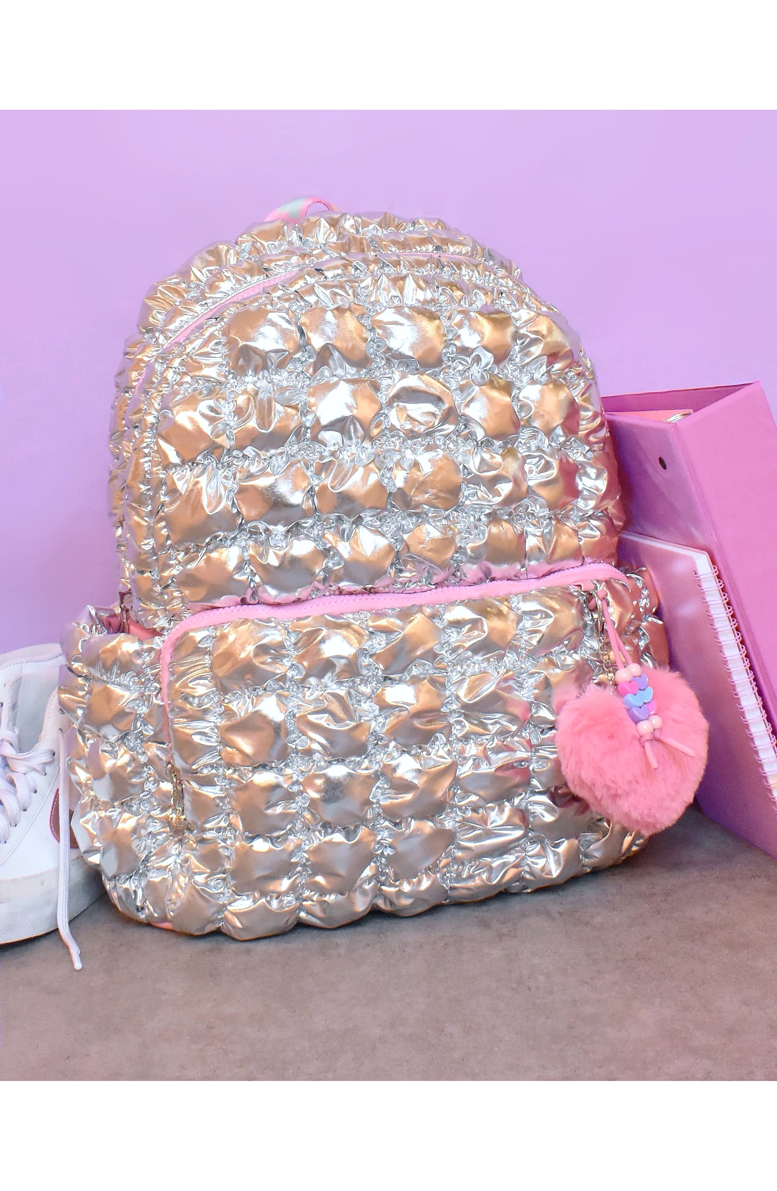 OMG Accessories Kids' Metallic Heart Scrunch Backpack, Alternate, color, 