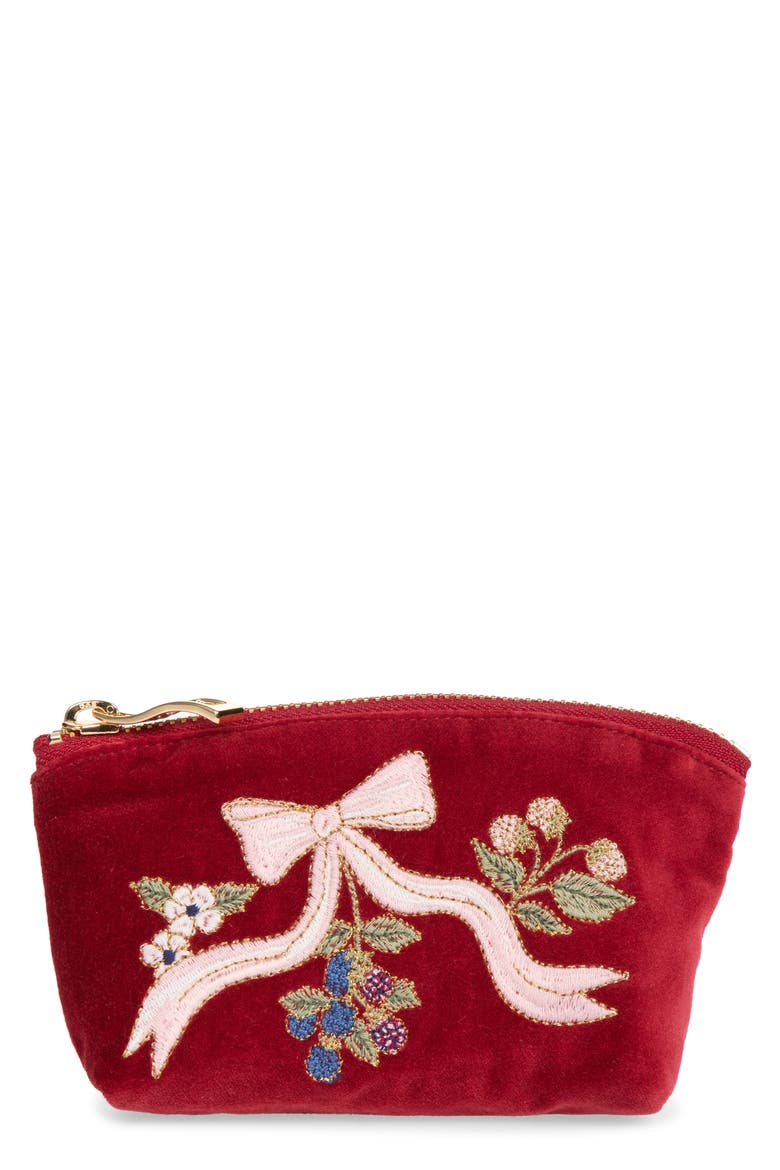 Berries & Bows Embroidered Velvet Coin Purse, Main, color, ROUGE