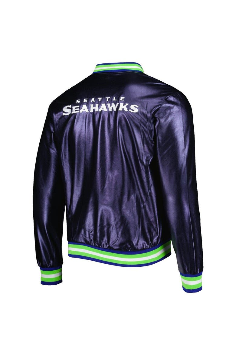 Men's The Wild Collective College Navy Seattle Seahawks Metallic Bomber Full-Snap Jacket, Alternate, color, Navy