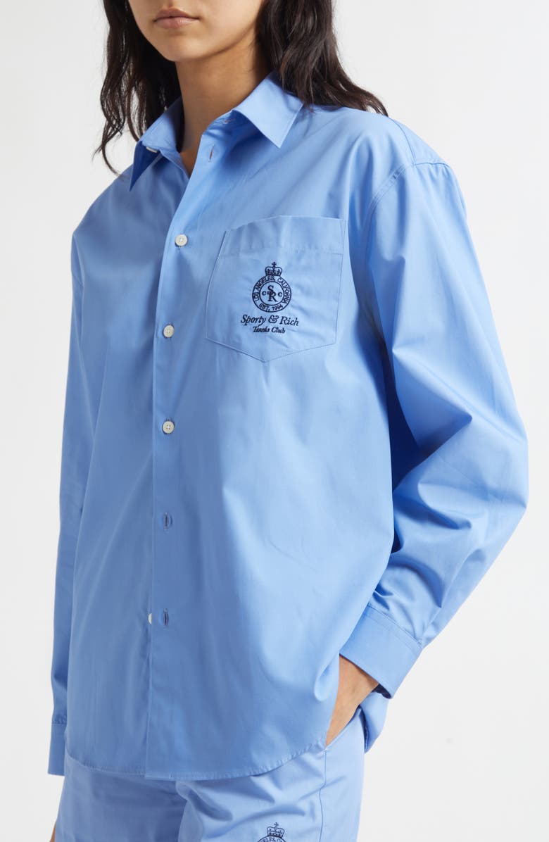Sporty & Rich Crown Tennis Embroidered Oversize Poplin Button-Up Shirt, Alternate, color, Flax Blue
