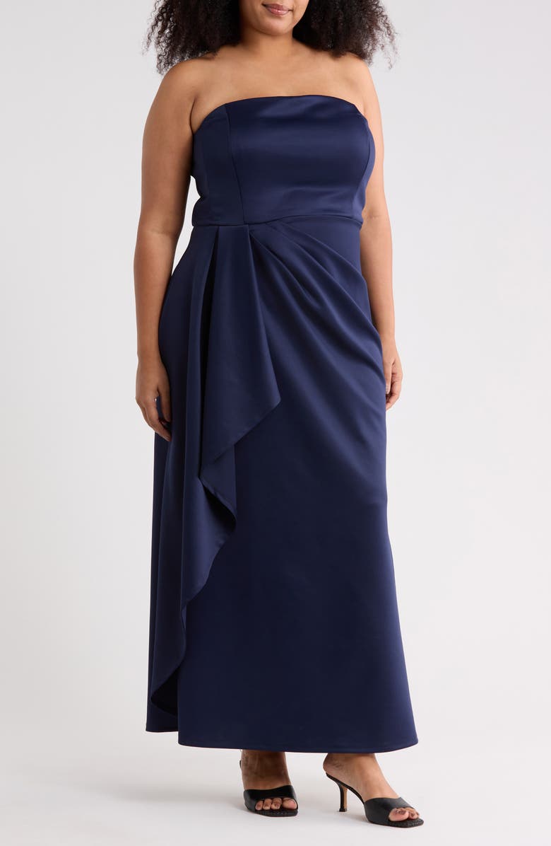 Oleg Cassini Strapless Drape Side Gown, Main, color, Navy