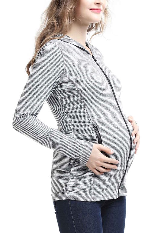 Kimi & Kai Haven Striped Side Ruched Maternity Performance Hoodie In Black White