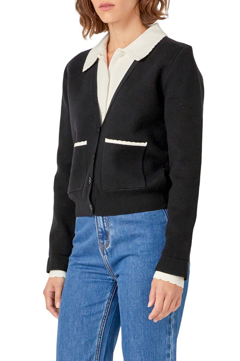 Scallop Detail Cardigan, Alternate, color, BLACK/WHITE