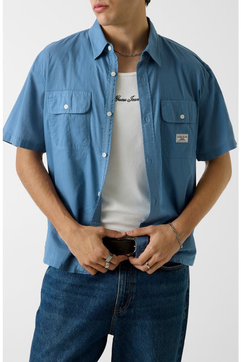 Boxi Crop Short Sleeve Cotton Button-Up Shirt, Main, color, BLUE