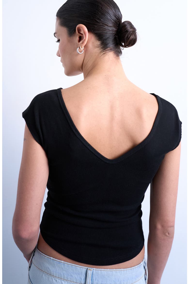 V-Neck Cap Sleeve Crop Stretch Cotton Rib Top, Alternate, color, BLACK