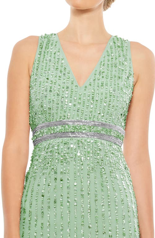 Mac Duggal Sequined Sleeveless V-neck Midi Sheath Dress In Sage