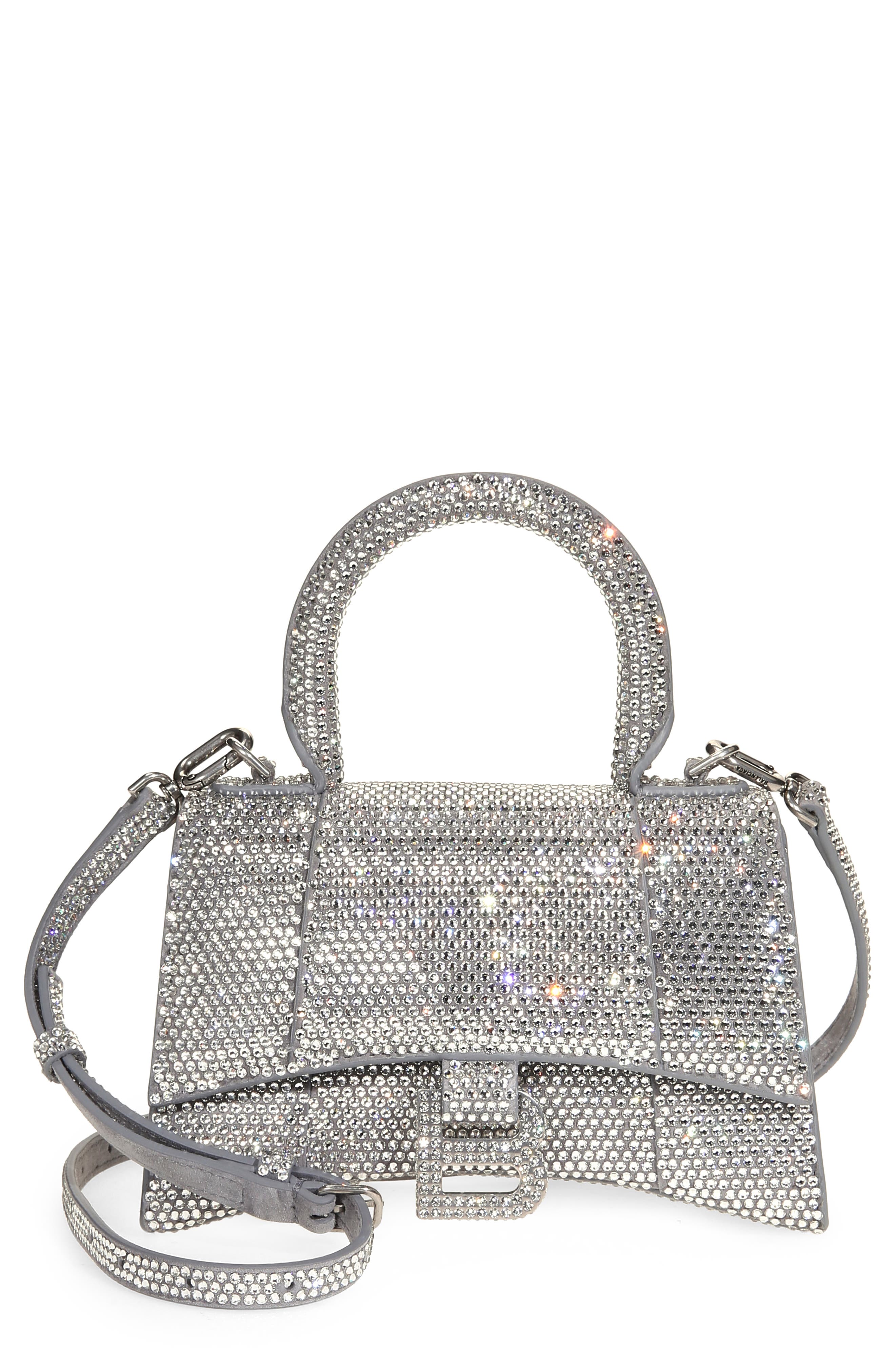Balenciaga Extra Small Hourglass Crystal & Suede Top Handle Bag, Main, color, 