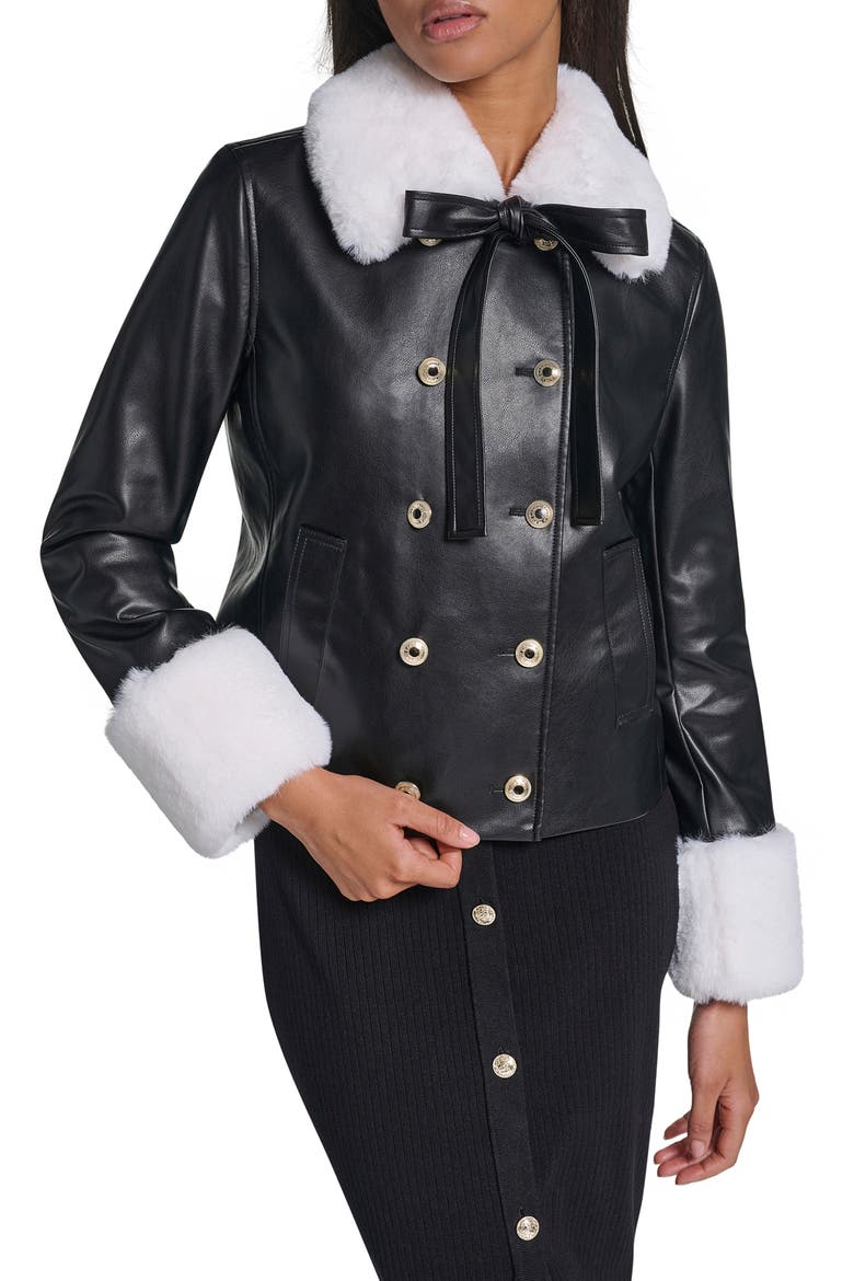 Faux Leather Jacket with Faux Fur Trim, Main, color, BLACK/ SOFT WHITE