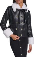 KARL LAGERFELD PARIS Faux Leather Jacket with Faux Fur Trim