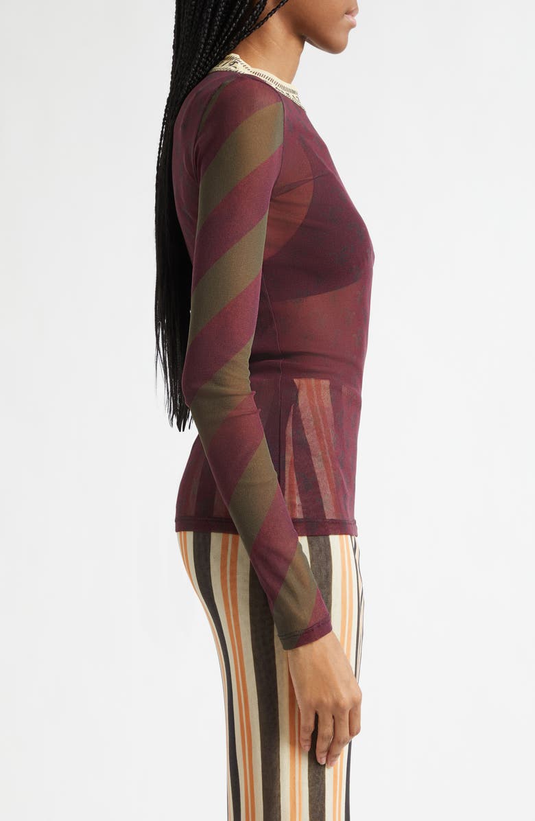 Jean Paul Gaultier Checkerboard Long Sleeve Mesh Top, Alternate, color, Burgundy Multicolor