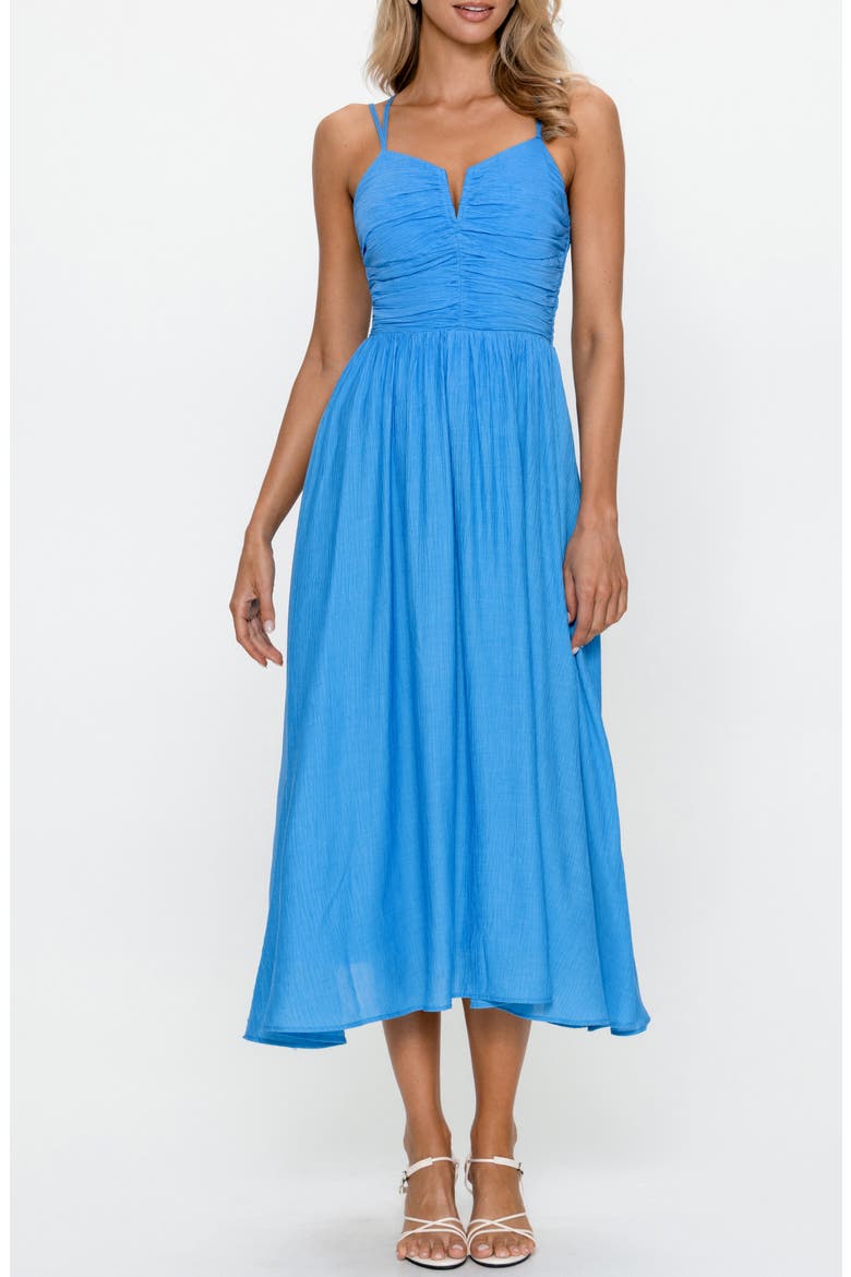 Shirred Strapless Midi Dress, Main, color, LIGHT BLUE
