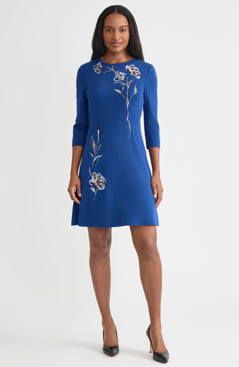 Misook Floral Embroidered Fit & Flare Dress, Alternate, color, Lazuli Blue/Sangra