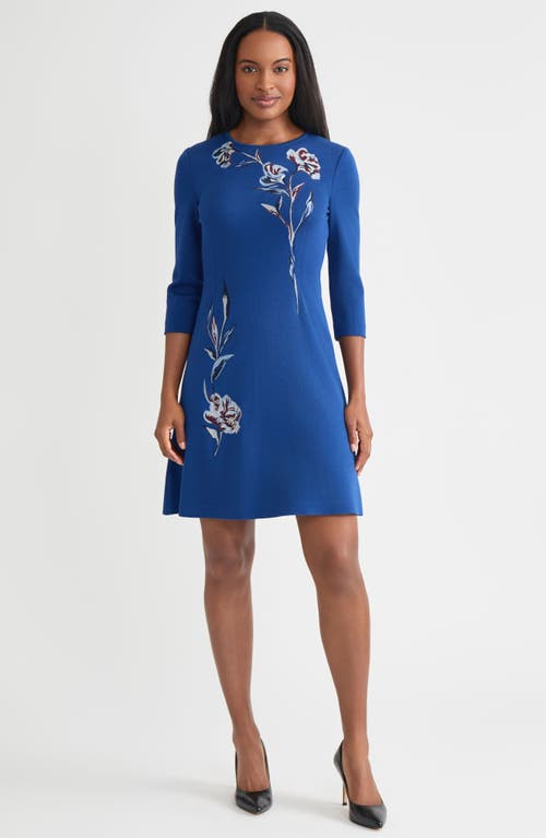 Misook Floral Embroidered Fit & Flare Dress In Blue