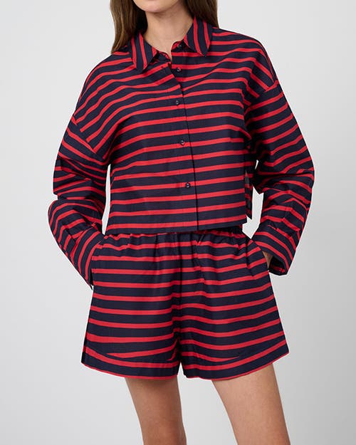 Weworewhat Long Sleeve Crop Button Down Shirt In Tr Red/dk Navy