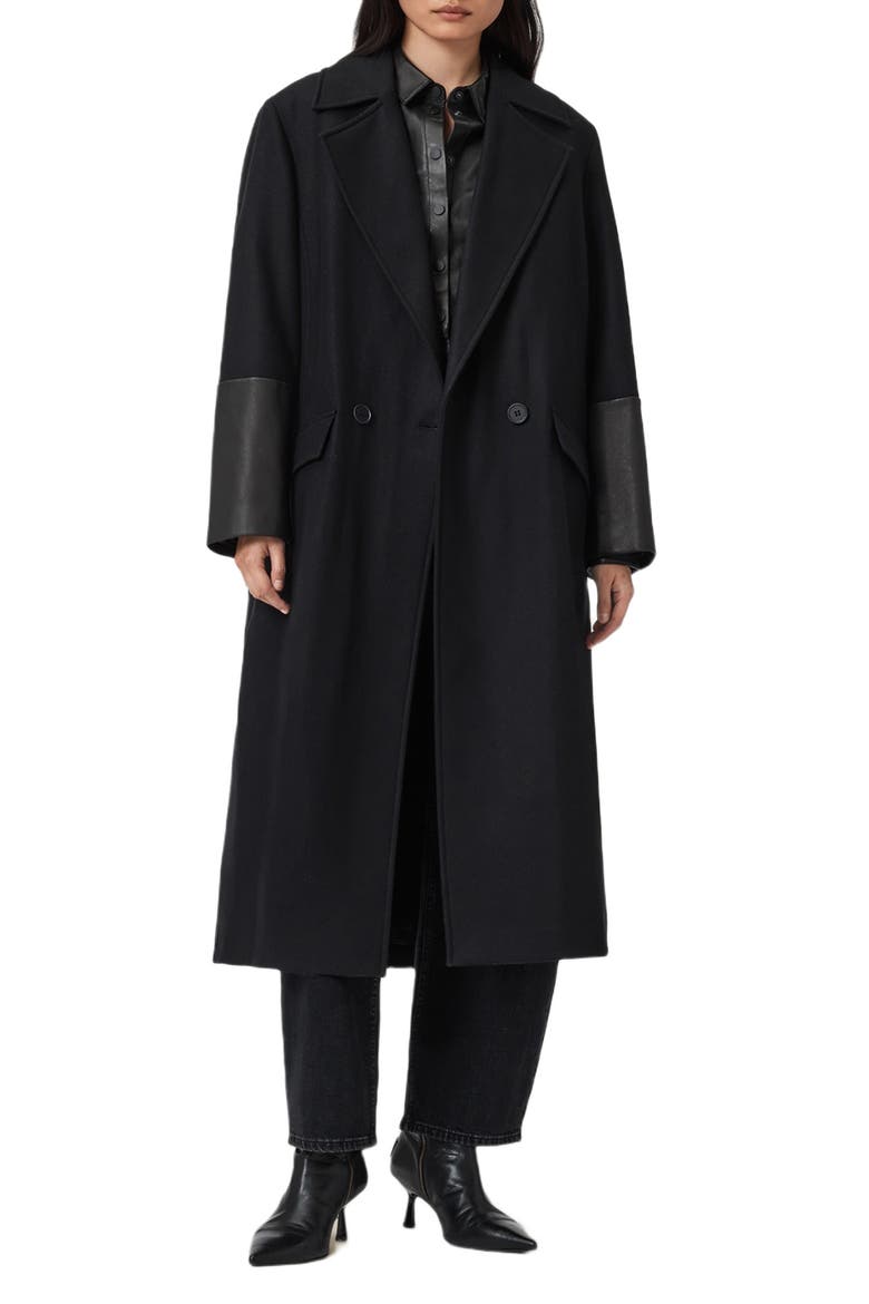 Sellma Leather Trim Wool Blend Coat, Main, color, BLACK
