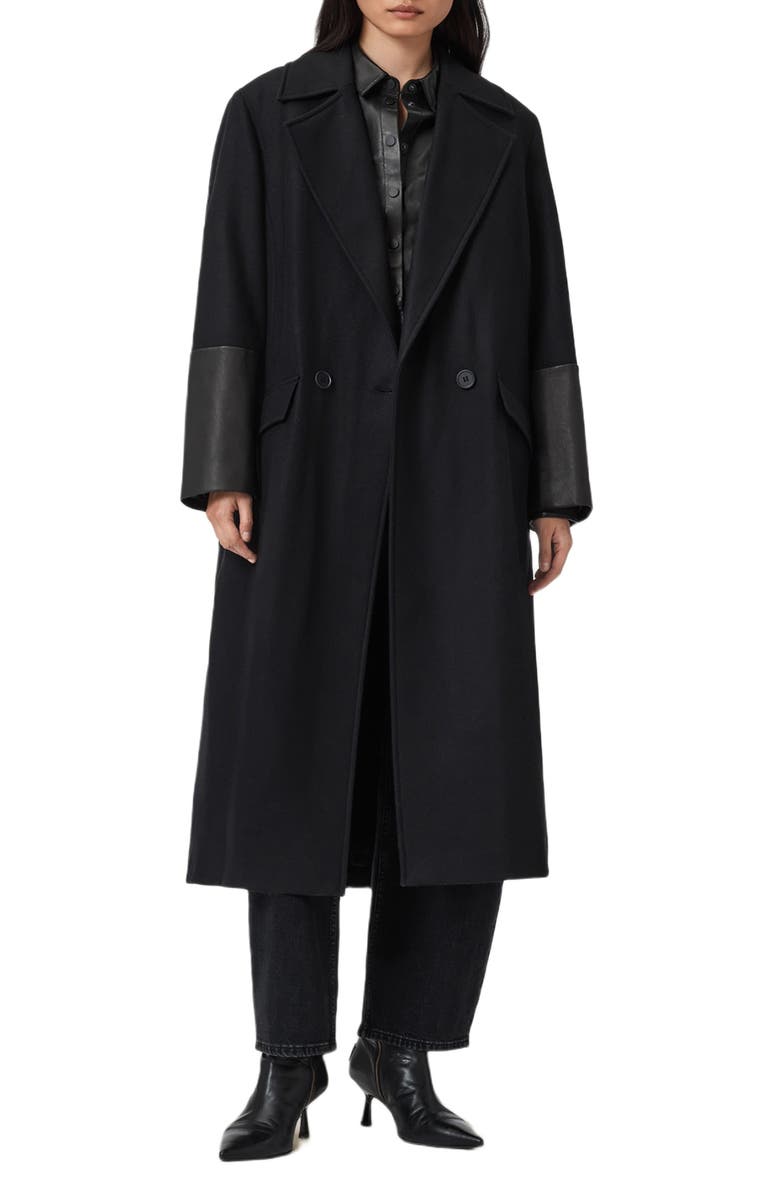 AllSaints Sellma Leather Trim Wool Blend Coat, Main, color, Black