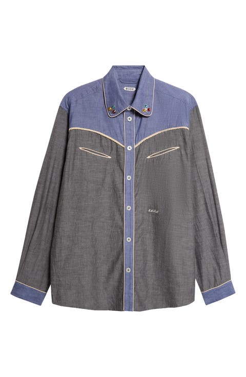 Embellished Two-Tone Chambray Western Button-Up Shirt