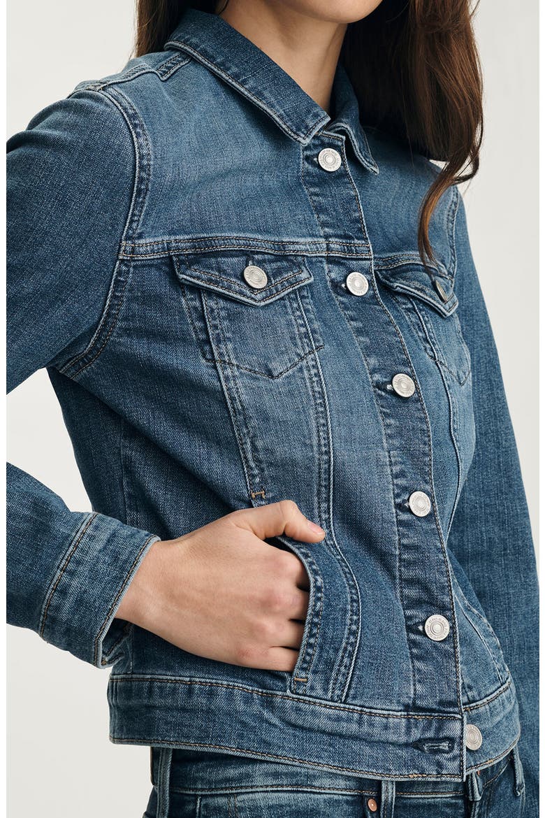 Samantha Crop Denim Trucker Jacket, Alternate, color, DARK BRUSHED FLEX BLUE