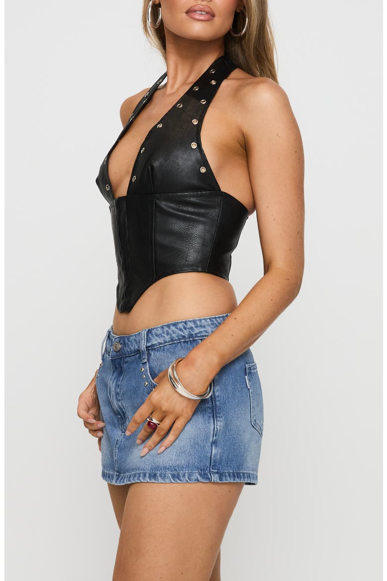 Palladia Jordy Grommet Faux Leather Corset Halter Top, Alternate, color, BLACK