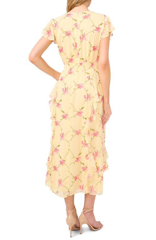 Cece Floral Flutter Sleeve Smock Waist Midi Dress In Lemon Drop