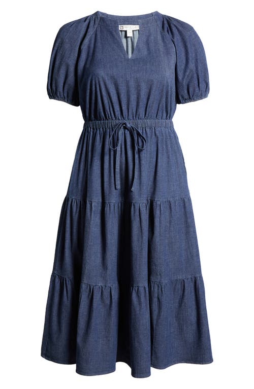 Anne Klein Petite Puff-sleeve Tiered Denim Midi Dress In Blue