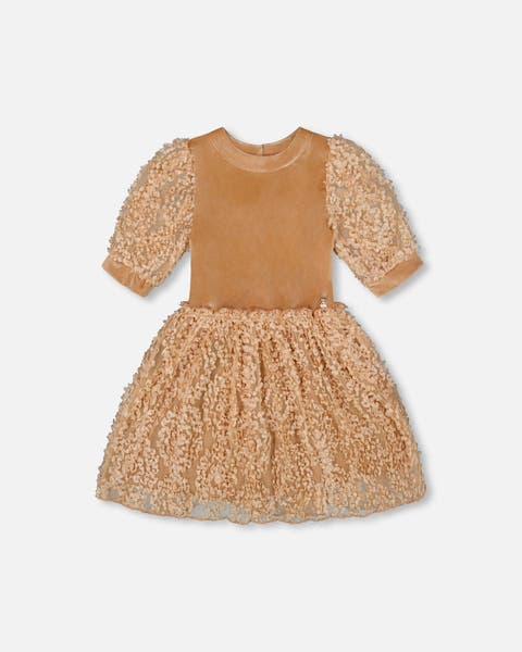 Puff Sleeve Bi-Material Velour and Lace Dress (Toddler & Little Kid)