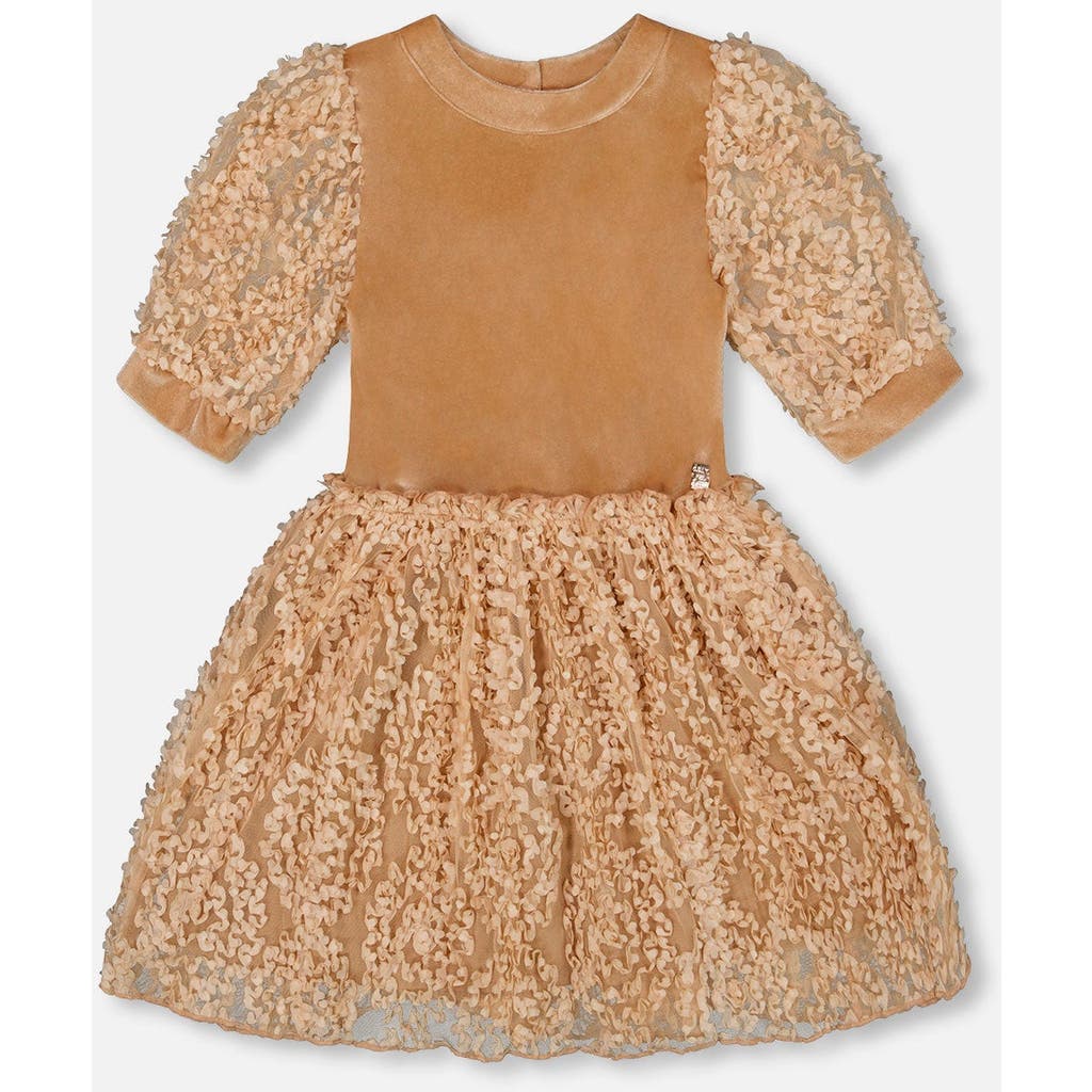 Deux Par Deux Puff Sleeve Bi-material Velour And Lace Dress In Brown