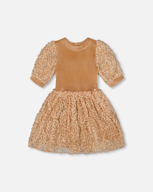 Deux Par Deux Puff Sleeve Bi-material Velour And Lace Dress In Brown
