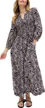 Raffya Paulina Shirred Bodice Zebra Print Maxi Dress