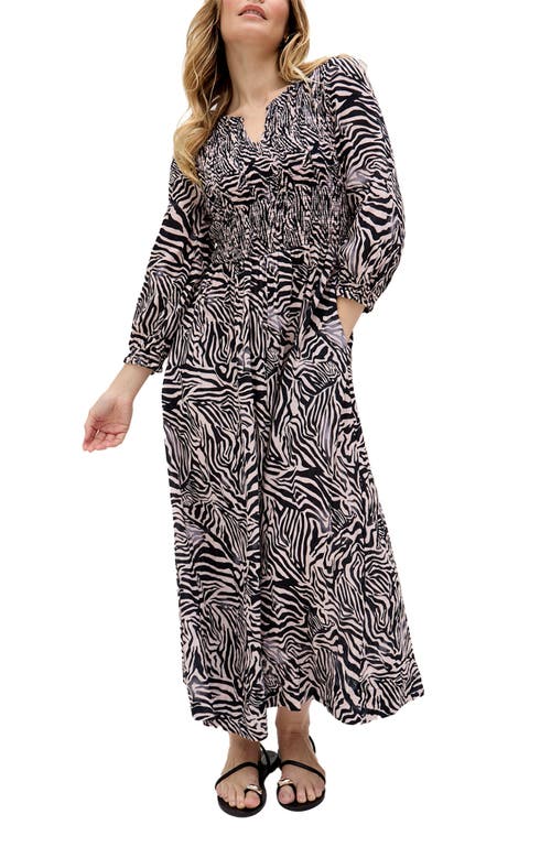 Raffya Paulina Shirred Bodice Zebra Print Maxi Dress In Black