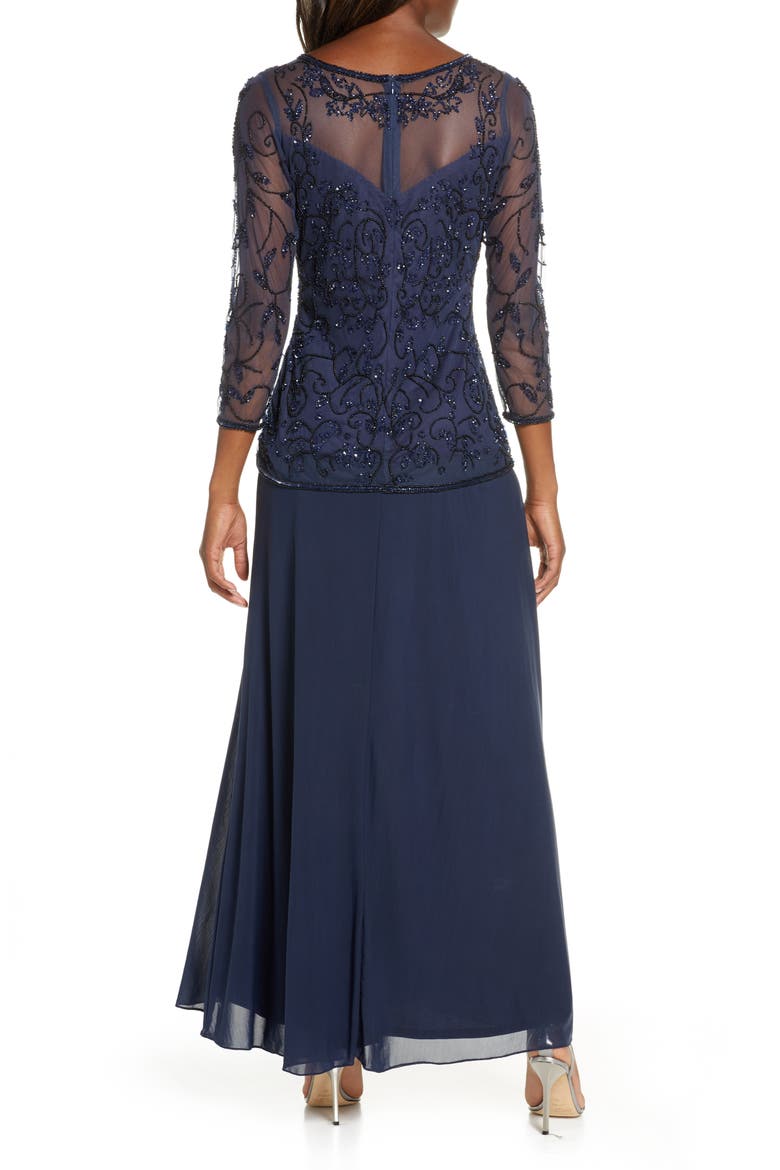 Beaded Mesh Mock Two-Piece Gown, Alternate, color, NAVY/ BLACK