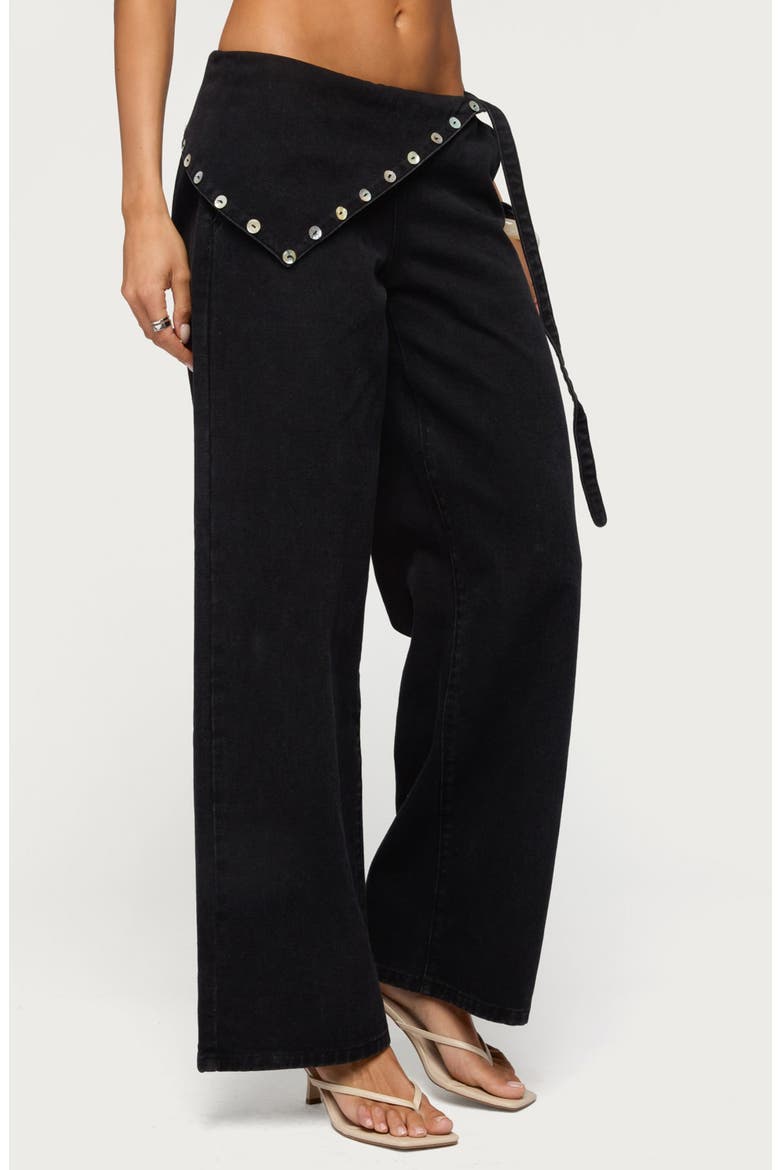 Button Foldover Low Rise Wide Leg Jeans, Alternate, color, DENIM-BLACK