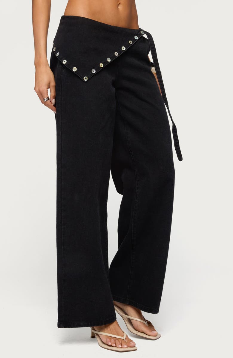 EDIKTED Button Foldover Low Rise Wide Leg Jeans, Alternate, color, Denim-Black